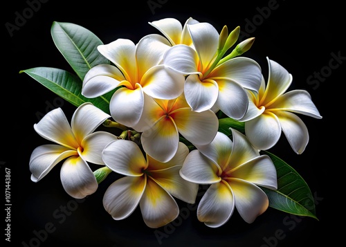 Stunning Plumeria Flowers on Black Background - Isolated Frangipani Blooms in Elegant Composition for Floral Photography, Nature Lovers, and Home Decor Art