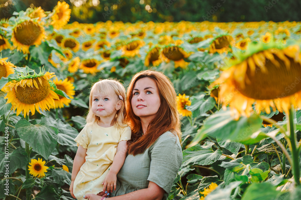Mother holding little child girl daughter and having fun in the field of sunflowers in summer. Summer season, freedom, family value concept. Mother holding little child girl daughter and having fun in the field of sunflowers in summer. Summer season, freedom, family value concept.