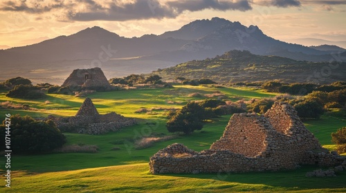 Golden hour light illuminates ancient Nuraghe Su Nuraxi ruins in the rolling hills of Sardegna's picturesque landscape