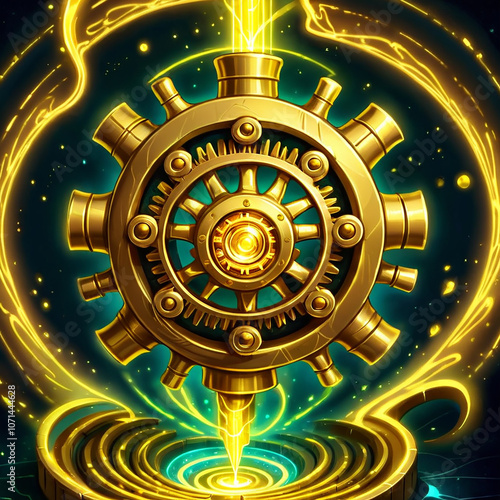 A golden, gearshaped machine emits a bright yellow energy stream, surrounded by glowing green and yellow energy trails, resting on a platform with concentric circles. photo