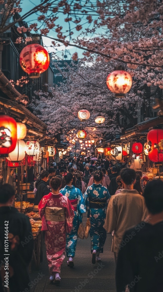 Naklejka premium A traditional cultural festival in Japan, with people dressed in colorful kimonos walking through a narrow street lined with cherry blossom trees.