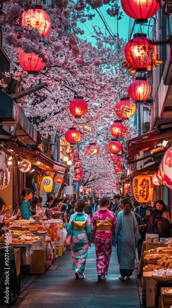 Fototapeta premium A traditional cultural festival in Japan, with people dressed in colorful kimonos walking through a narrow street lined with cherry blossom trees.