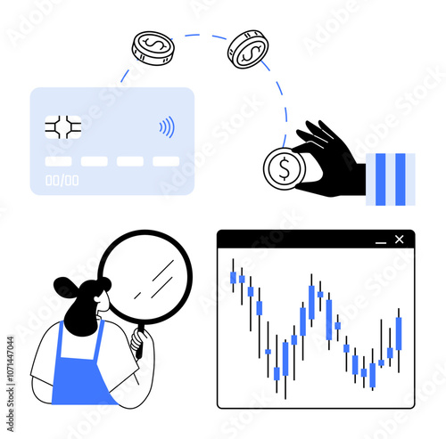 Hand holding coin near card, money transfer, person analyzing fluctuations on chart with magnifying glass. Ideal for finance, banking, economics, e-commerce, digital payments, data analysis