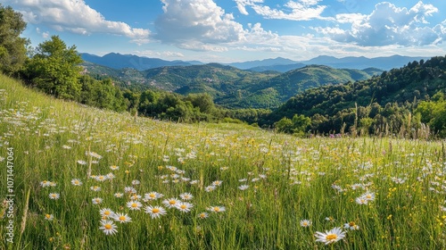 Explore the stunning landscape of Beigua Regional Park with rolling hills and blooming wildflowers under a bright sky photo