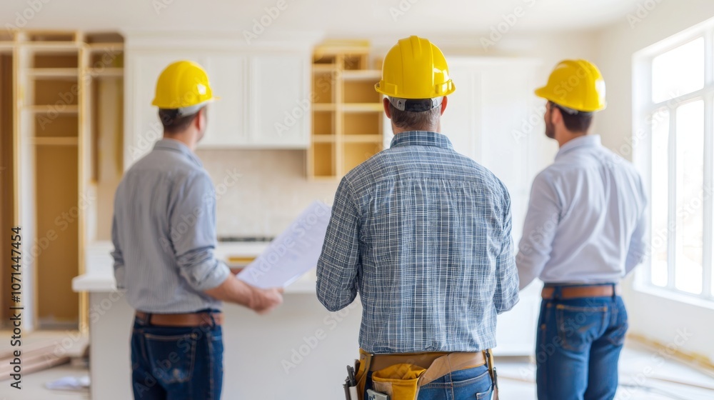 Construction Workers Reviewing Plans in Renovated Kitchen Construction Workers Reviewing Plans in Renovated Kitchen