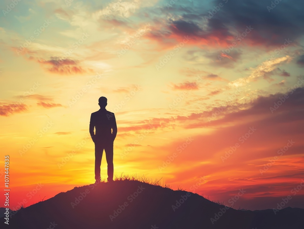 Obraz premium A silhouette of a person standing atop a hill, gazing at a vibrant sunset with colorful clouds, evoking feelings of solitude and reflection.