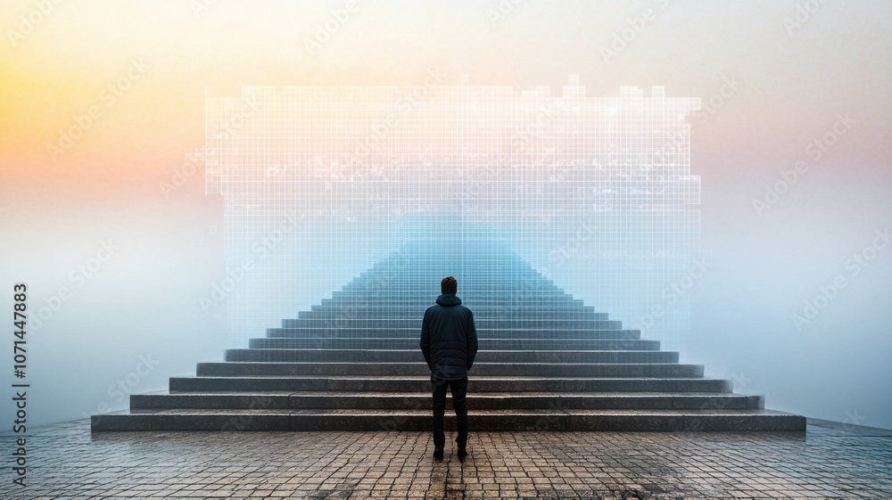Fototapeta premium An individual stands before a mystical digital structure exploring the intersection of reality and imagination