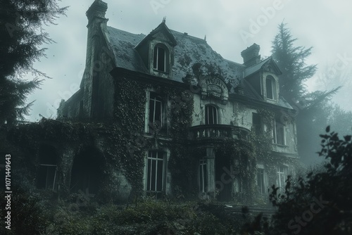 An eerie, decaying mansion with broken windows, overgrown ivy photo