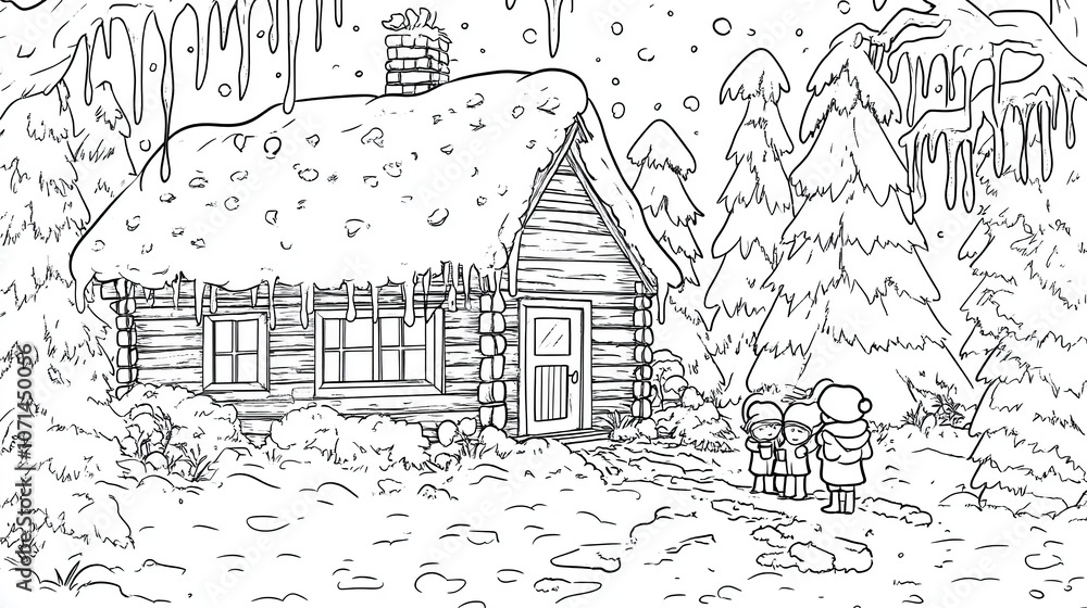 Obraz premium Snowy winter house coloring poster with fir tree, coloring page for kids, simple outline illustration