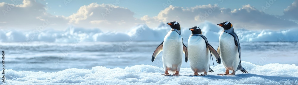 Fototapeta premium Three penguins stand on a snowy landscape with a serene, icy backdrop, showcasing their unique charm in a tranquil environment.