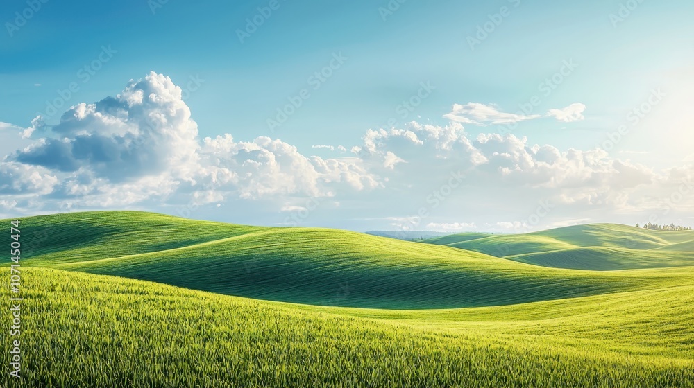Fototapeta premium A serene landscape of rolling green hills and fluffy clouds under a bright blue sky, evoking tranquility and natural beauty.