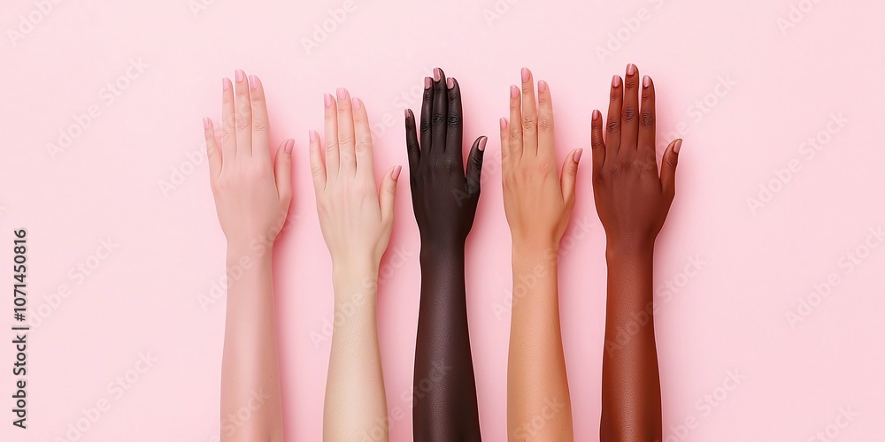 Hand isolated palm and diversity concept. Diverse hands of varying skin tones are displayed against a soft pink background, symbolizing unity and inclusivity. Hand isolated palm and diversity concept. Diverse hands of varying skin tones are displayed against a soft pink background, symbolizing unity and inclusivity.