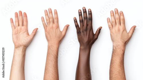 Hand isolated palm and diversity concept. Diverse hands in various skin tones raised against a neutral background, symbolizing unity, belonging, and the celebration of diversity. photo