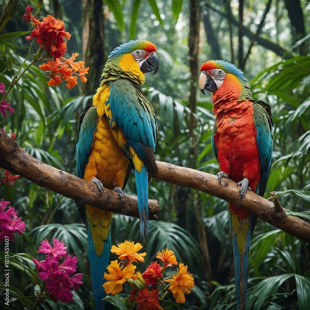 A pair of parrots perched on a branch in a colorful rainforest, surrounded by exotic flowers.
A pair of parrots perched on a branch in a colorful rainforest, surrounded by exotic flowers.