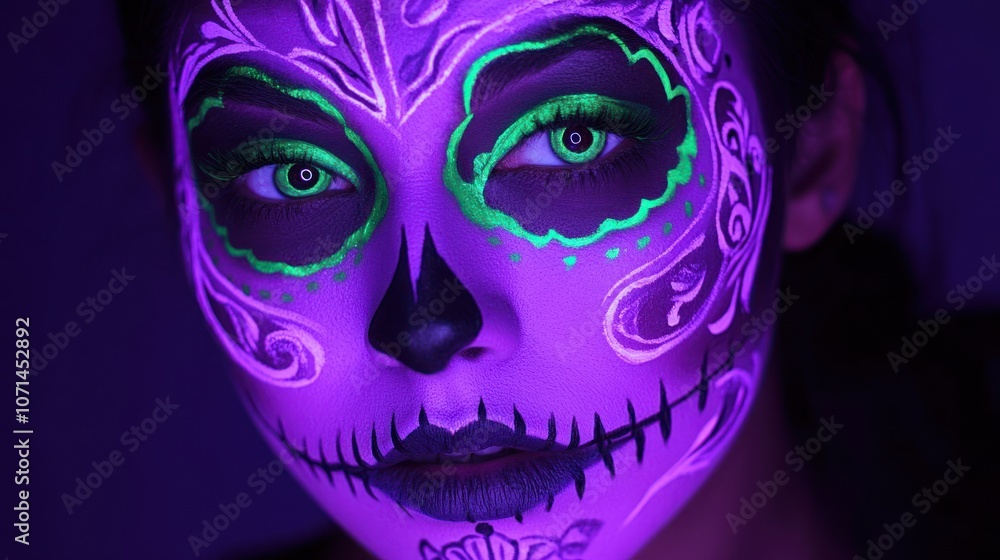 Sugar skull makeup with vivid purple and green lighting, professionally captured to highlight intricate face paint and Day of the Dead spirit Sugar skull makeup with vivid purple and green lighting, professionally captured to highlight intricate face paint and Day of the Dead spirit