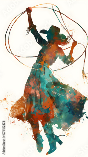 Dynamic cowgirl twirling a lasso in a vibrant watercolor style illustration