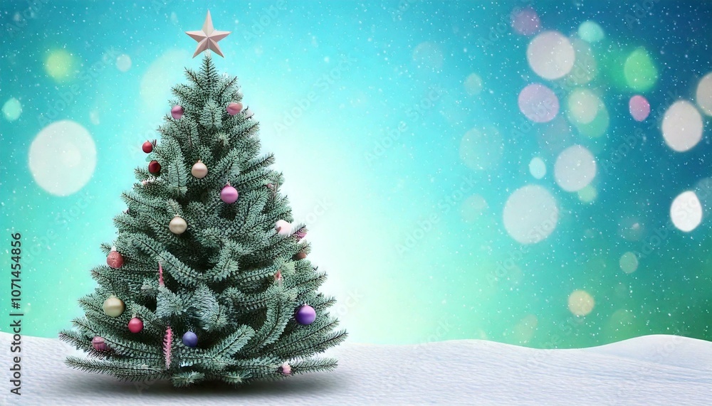Obraz premium Glowing Christmas Tree with X’mas Decorations on a Snowy Night.