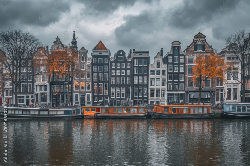 Obraz premium Panorama of famous dancing houses on river Amstel, water channels with house boats