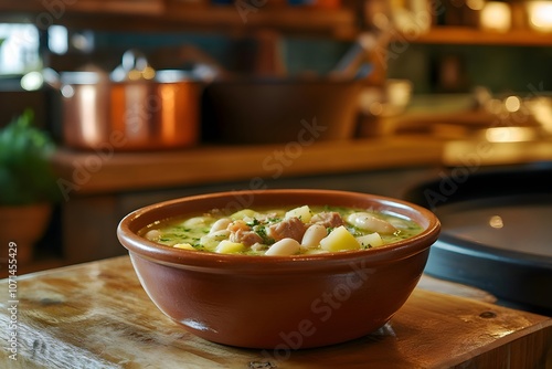 Close-up of a terracotta plate of garbure—carrots, beans, potatoes, and meat in a broth—on a rustic table with soft lighting. A cozy antic French kitchen adds warmth photo