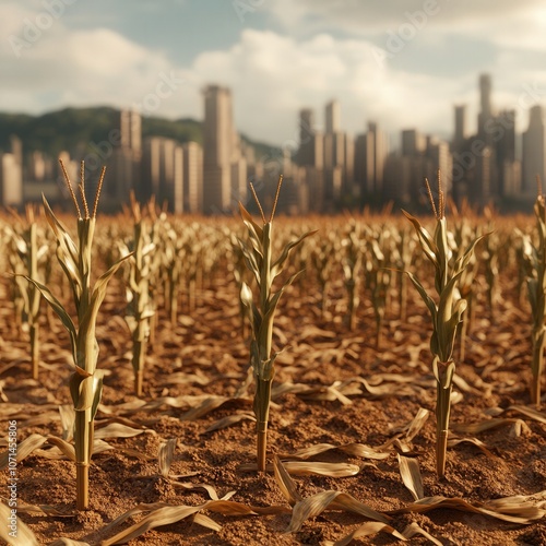 A field of withered corn stalks in front of a cityscape, suggesting a lack of water or resources in an urban environment. photo