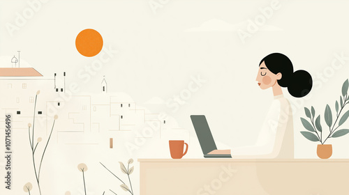 A woman works on her laptop with a warm coffee, overlooking a minimalist cityscape in a serene, sunlit space, embodying focus and calm