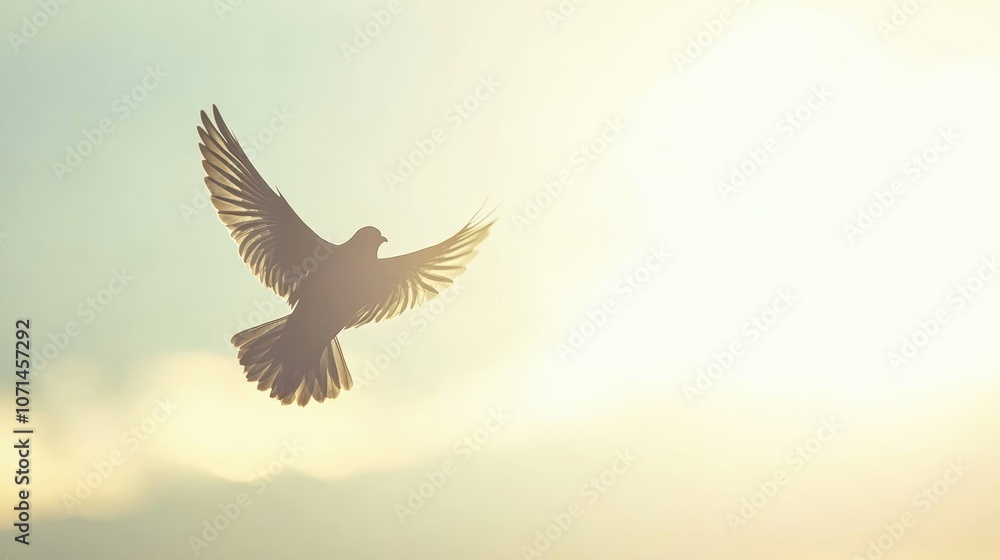 Fototapeta premium A silhouette of a bird soaring against a bright sky, symbolizing freedom and tranquility.