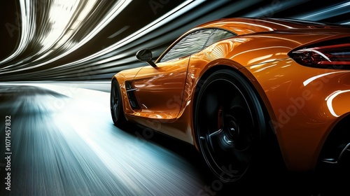 A stunning orange car is captured in motion, showcasing sleek design and dynamic lighting within a futuristic tunnel.