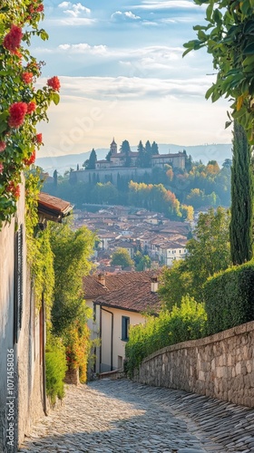 Charming view of Bergamo with medieval architecture and Citt Alta overlooking cobblestone streets and lush landscapes photo