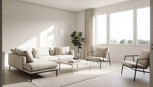 A minimalist living room featuring clean lines, neutral tones, and modern furniture.