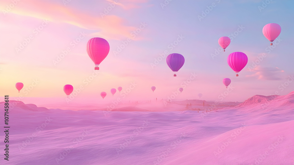 Fototapeta premium Colorful hot air balloons floating over a pink landscape at sunset.