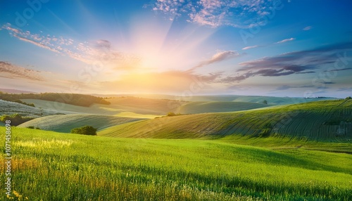 panorama of rolling green hills bathed in the golden light of sunrise
