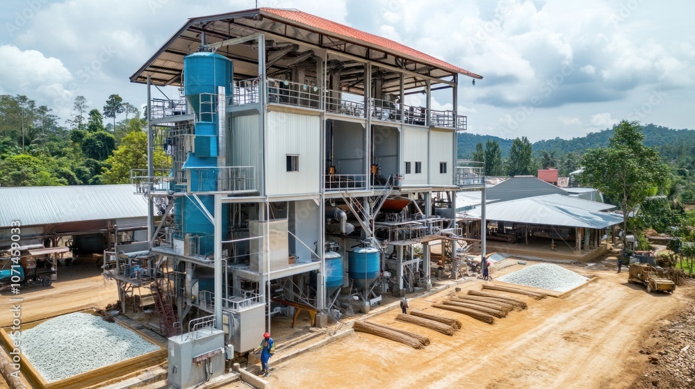 Fototapeta premium Unique rice mill setup featuring advanced husking and cleaning machinery for efficient rice processing
