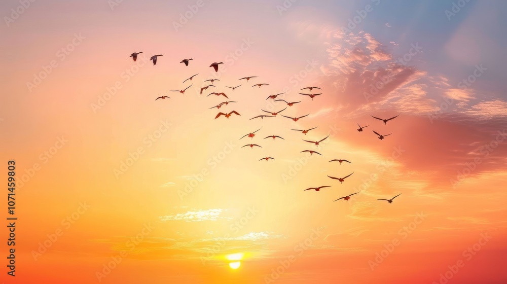 Obraz premium A serene sunset scene with birds flying across a colorful sky.