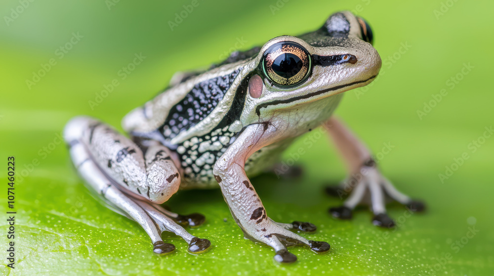 Obraz premium tiny frog resting on vibrant green leaf, showcasing its intricate details