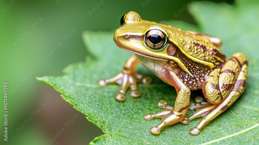 Obraz premium tiny frog perched on vibrant green leaf, showcasing its intricate details