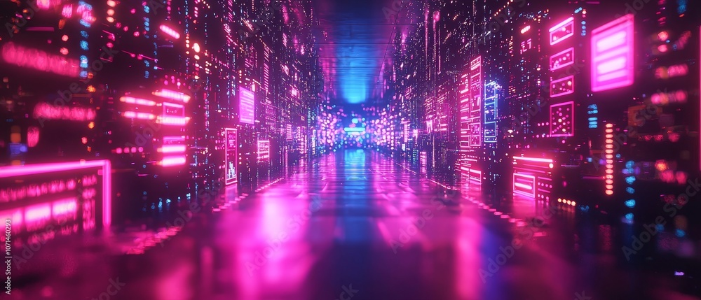 A vibrant, futuristic corridor illuminated by neon lights, with a reflective floor and walls lined with glowing digital elements. A vibrant, futuristic corridor illuminated by neon lights, with a reflective floor and walls lined with glowing digital elements.
