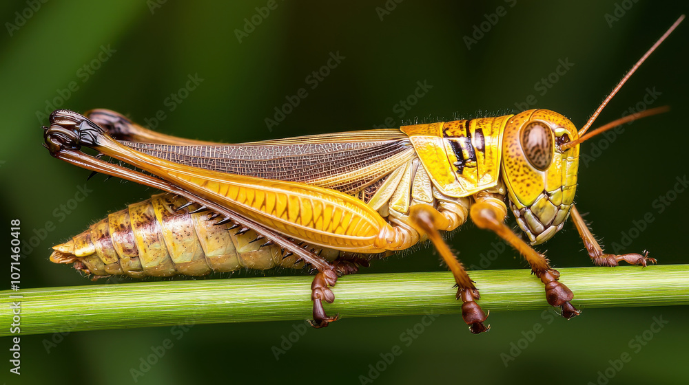 detailed macro view of grasshopper resting on green stem, showcasing its vibrant colors and detailed macro view of grasshopper resting on green stem, showcasing its vibrant colors and