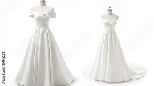 Wedding dress with detachable train, offering versatility, set on a minimalist white background
