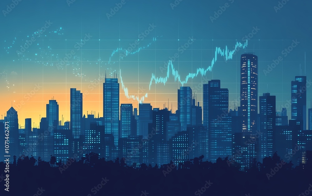 A rising stock market graph on a blue background with skyscrapers in the foreground, symbolizing economic growth and financial strength A rising stock market graph on a blue background with skyscrapers in the foreground, symbolizing economic growth and financial strength