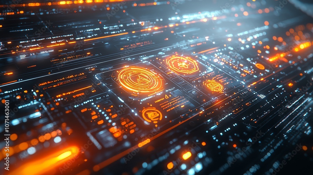 Obraz premium A vibrant digital landscape showcasing interconnected circuits and glowing elements in orange and blue tones, suggesting advanced technology and innovation.