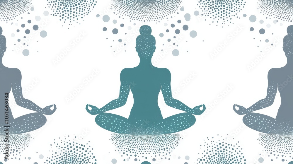 Seamless Pattern of Meditative Silhouettes in Lotus Position with Abstract Dot Design on White Background Seamless Pattern of Meditative Silhouettes in Lotus Position with Abstract Dot Design on White Background