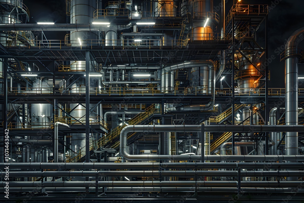 A complex industrial facility with intricate piping and structures illuminated at night. A complex industrial facility with intricate piping and structures illuminated at night.