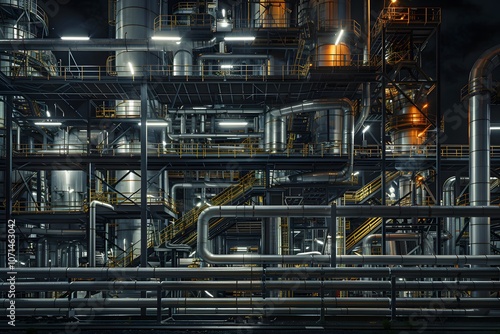 A complex industrial facility with intricate piping and structures illuminated at night.