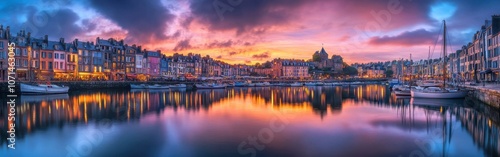 A stunning sunset view over the colorful harbor of Honfleur with quaint buildings and fishing boats reflecting in the calm waters