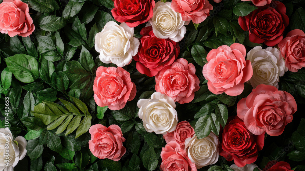 Naklejka premium A vibrant arrangement of artificial roses in shades of red, pink, and white, complemented by lush green leaves, creating a visually appealing floral backdrop.
