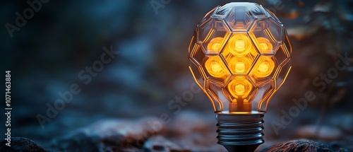 Closeup of a unique lightbulb design with hexagonal LED filaments, futuristic and stylish, cooltoned lighting, cyberpunk feel, ultrahigh resolution, intricate detail photo