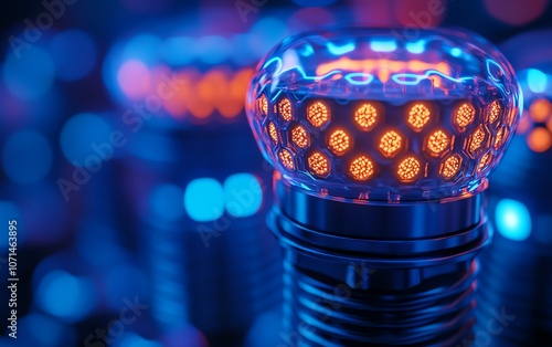 Closeup of a unique lightbulb design with hexagonal LED filaments, futuristic and stylish, cooltoned lighting, cyberpunk feel, ultrahigh resolution, intricate detail photo