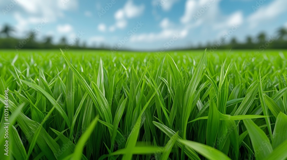 Obraz premium Lush Green Grass Field with Blurred Sky Background Nature Texture