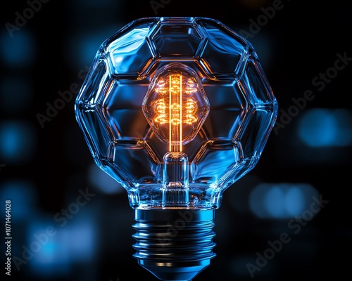 Closeup of a unique lightbulb design with hexagonal LED filaments, futuristic and stylish, cooltoned lighting, cyberpunk feel, ultrahigh resolution, intricate detail photo