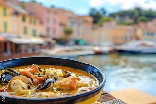 Close-up of a bouillabaisse soup plate with fish and shellfish in saffron broth, on a rustic table at a restaurant terrace. A charming French Riviera harbor provides a warm, Mediterranean backdrop